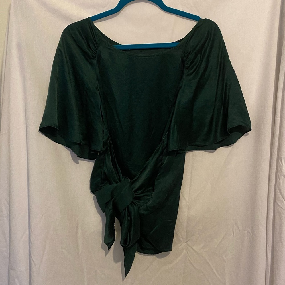 Dark Green Satin Tie Front Top